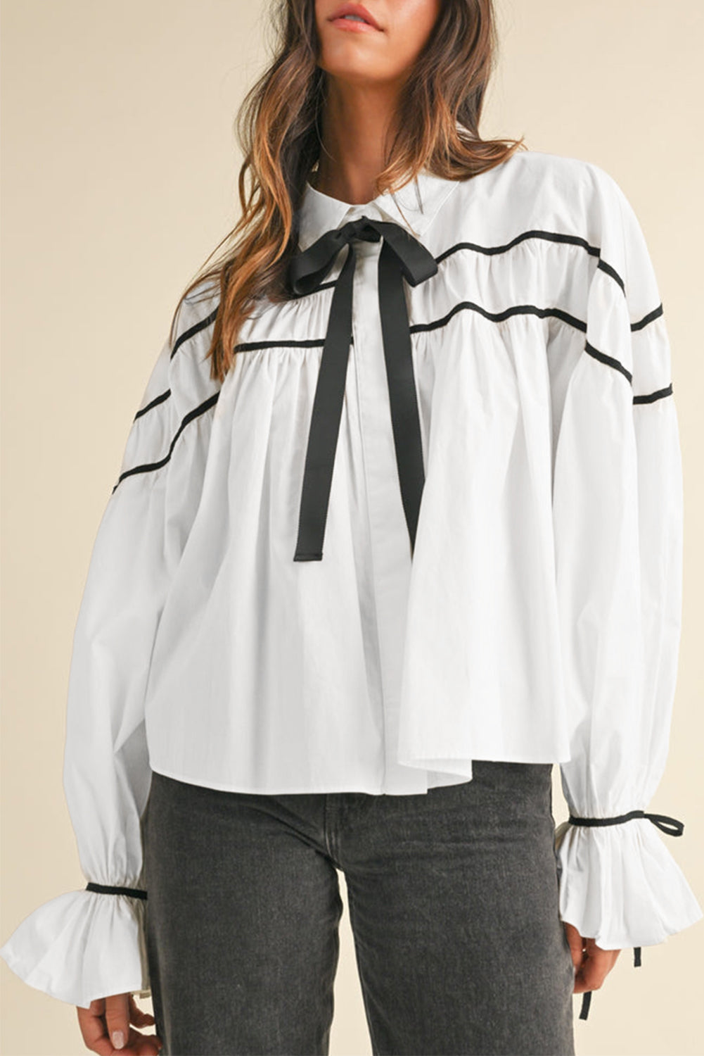 White Black Pipping Ribbon Bowtie Collared Ruffled Puff Sleeve Shirt eAura