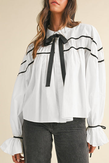 White Black Pipping Ribbon Bowtie Collared Ruffled Puff Sleeve Shirt eAura