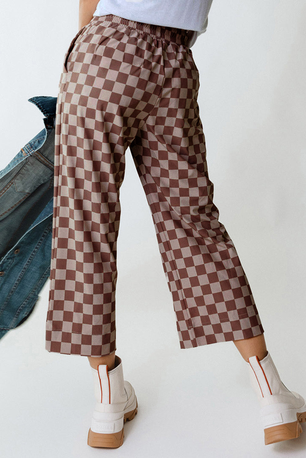 Checkered Elastic High Waist Loose Casual Trousers eAura