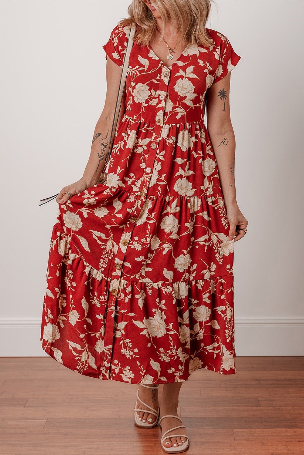 Red Floral Print Buttoned Front V Neck Tiered Short Sleeve Maxi Dress eAura