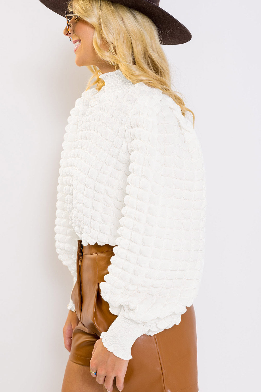 White Textured Smocked Mock Neck Puff Sleeve Top eAura
