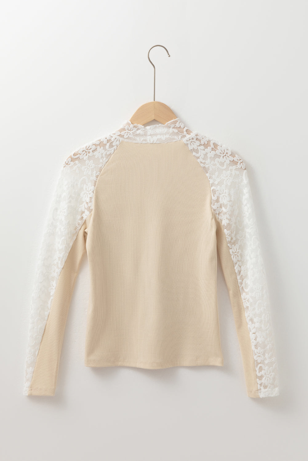Beige Floral Lace Patchwork Long Sleeve High Neck Slim Top eAura