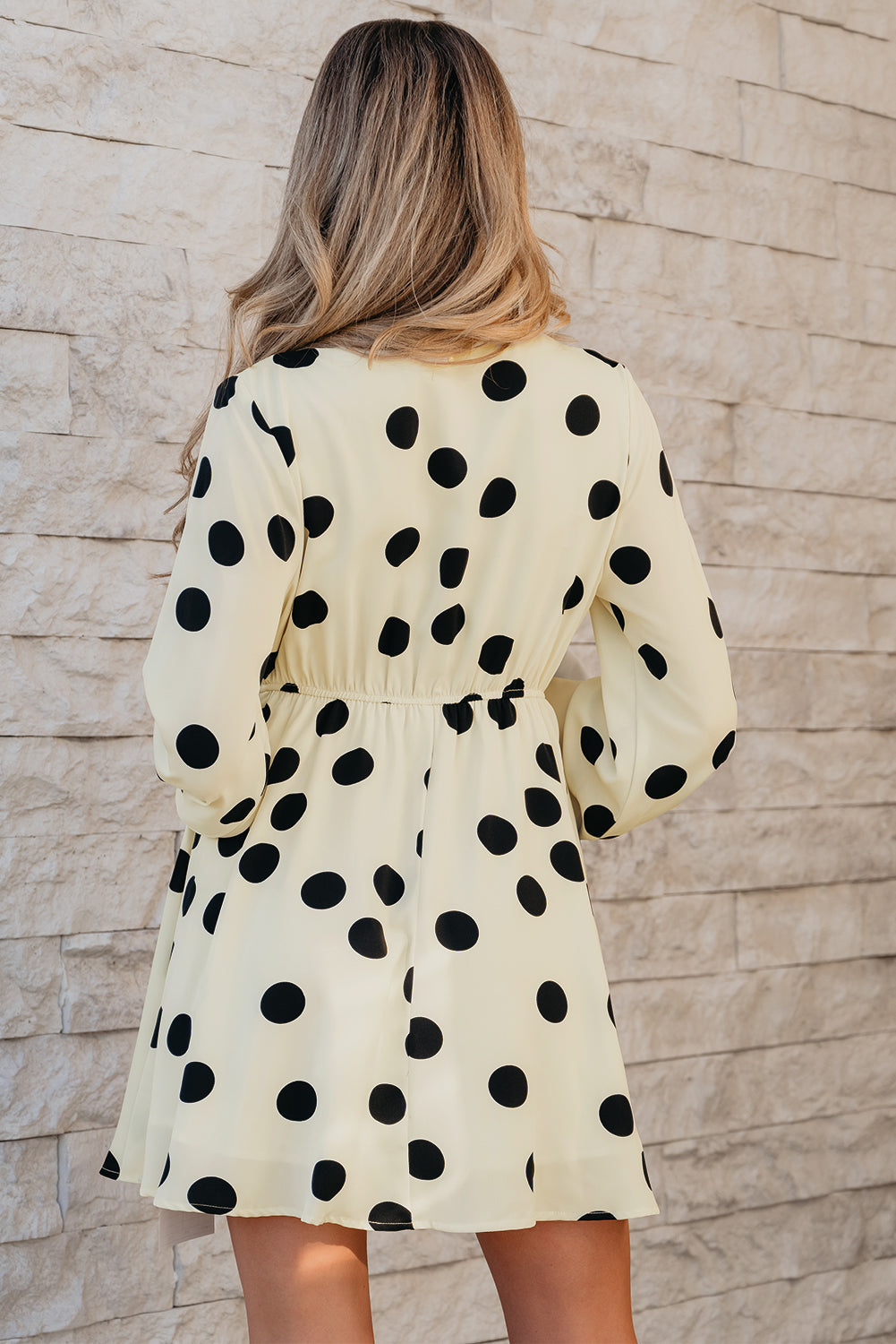 Beige Polka Dot Printed Surplice V Neck Puff Sleeve Mini Dress eAura