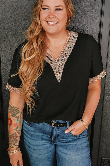Black Lace Trim Short Sleeve V Neck Plus Size Top BB Fashion Outlet
