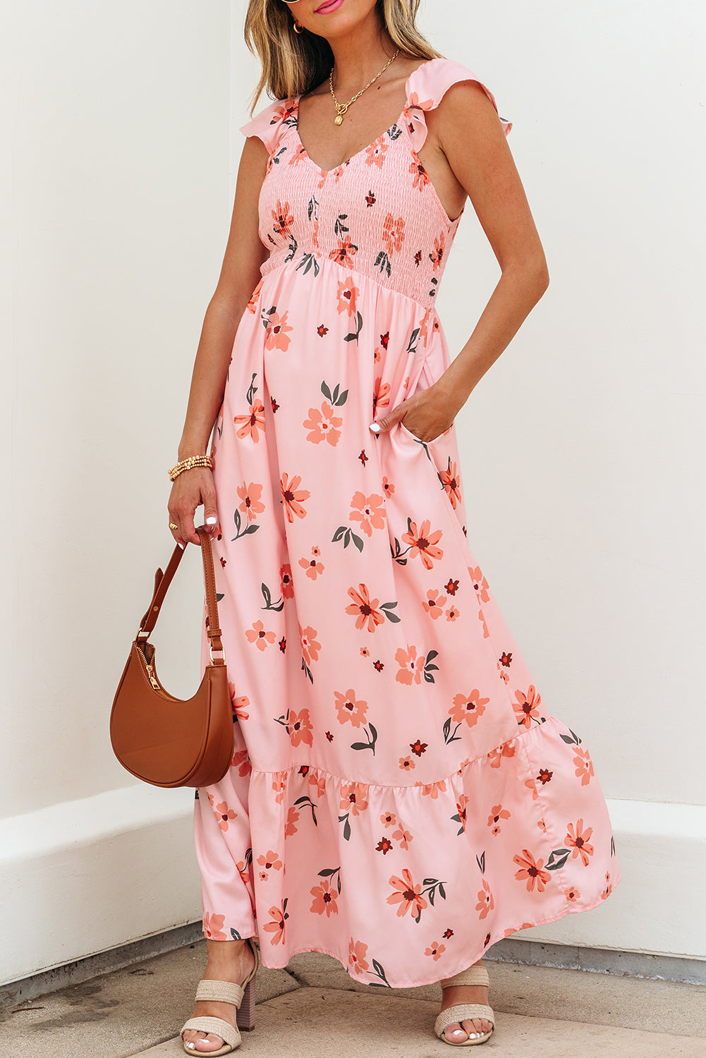 Pink Floral V Neck Smocked Ruffle Hem Maxi Dress eAura