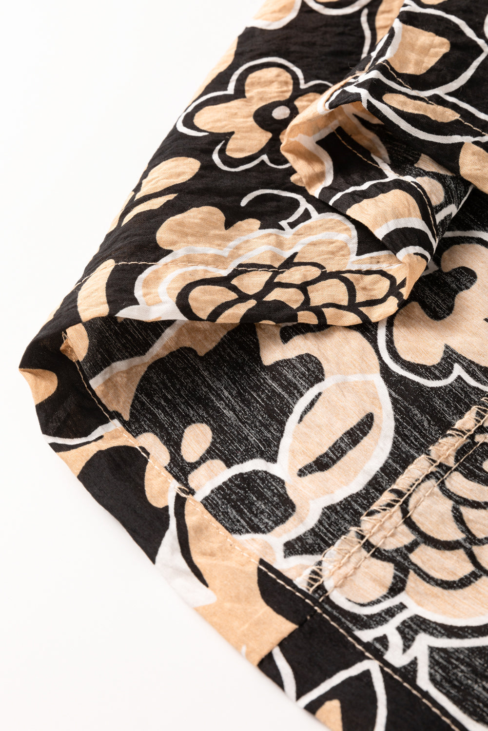 Black Floral Shirred Yoke Bracelet Sleeve Split Neck Boho Blouse eAura