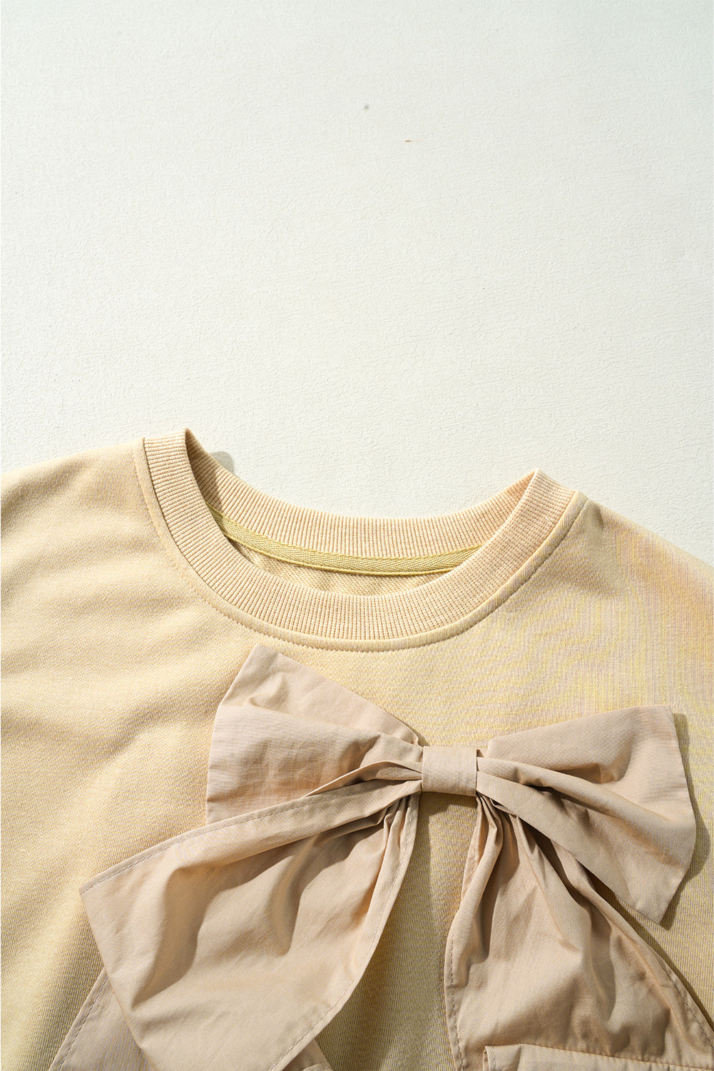 Parchment Two Tones Ribbon Bow Ruffle Sleeve Top eAura