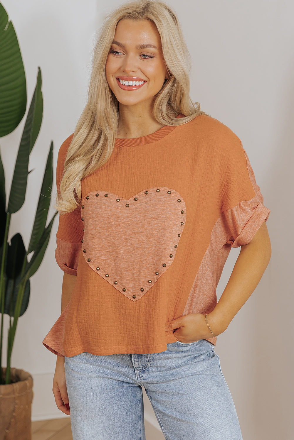 Desert Gold Stud Heart Patch Textured Front Dolman Top eAura