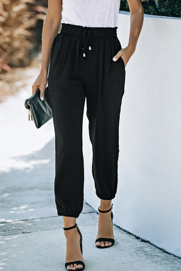 Black Solid Colour Drawstring Smocked Waist Joggers eAura