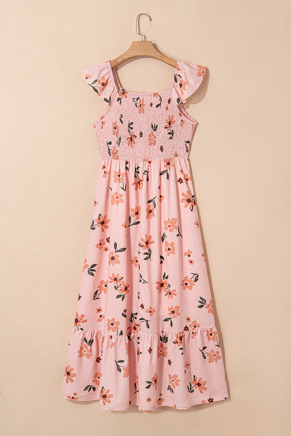 Pink Floral V Neck Smocked Ruffle Hem Maxi Dress eAura