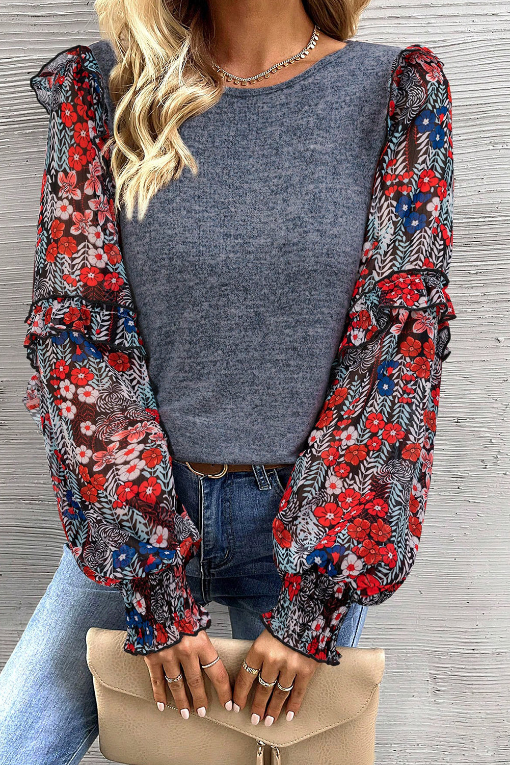Pale Chestnut Ruffle Tiered Floral Sleeve Crew Neck Blouse eAura