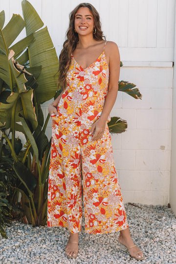 Orange Floral V Neck Wide Leg Sleeveless Jumpsuit eAura