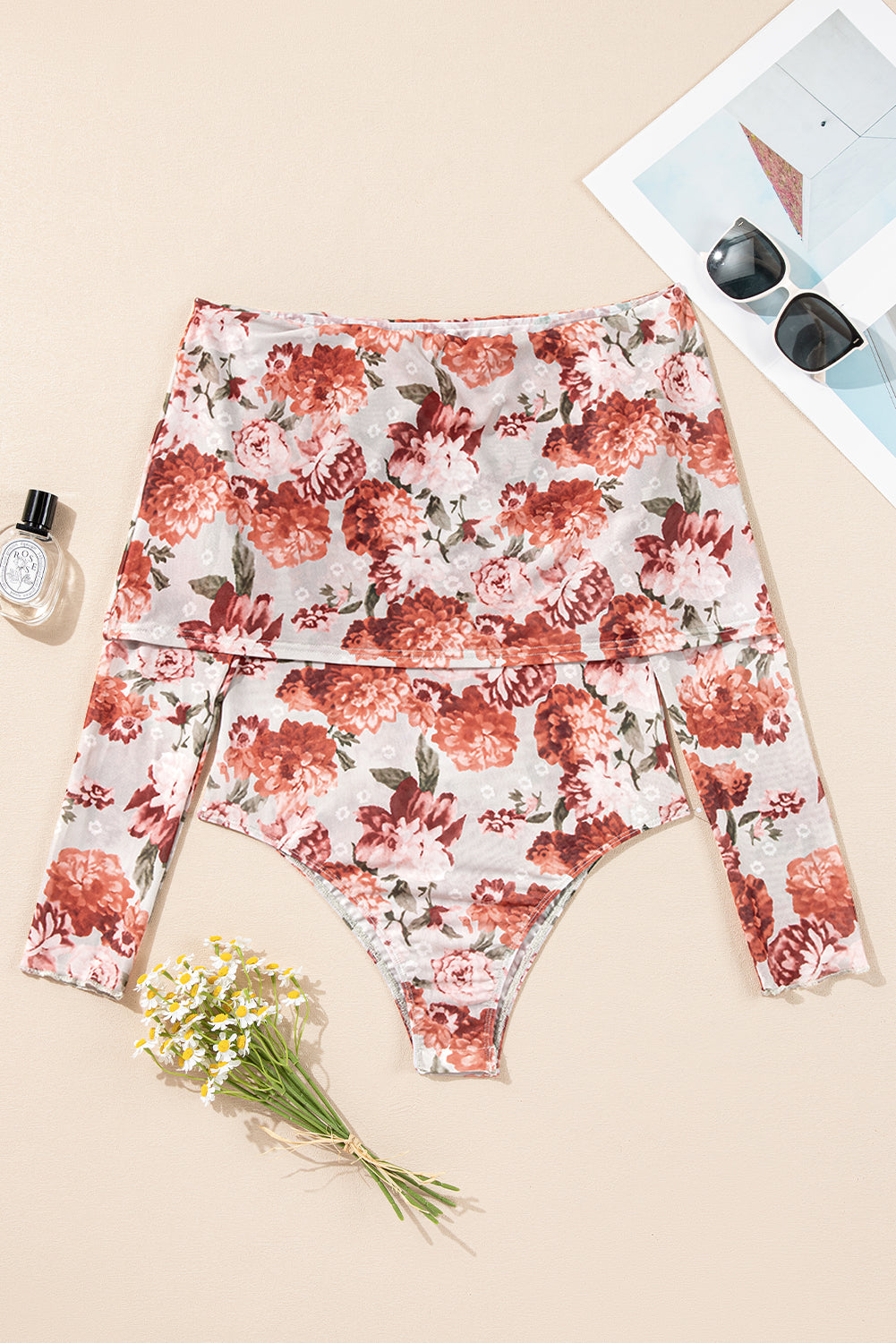 Pink Floral Printed Long Sleeve Sheath Bodysuit eAura