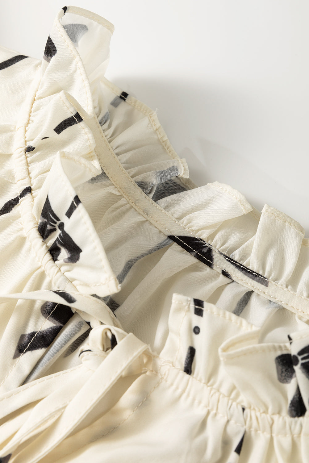 Beige Bow Printed Ruffled Bubble Sleeve Tied Notched V Neck Blouse eAura