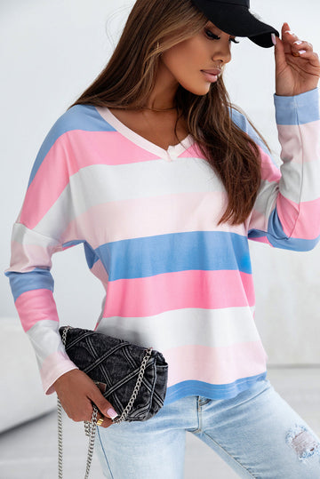 Pink Contrast Striped V Neck Long Sleeve Top eAura
