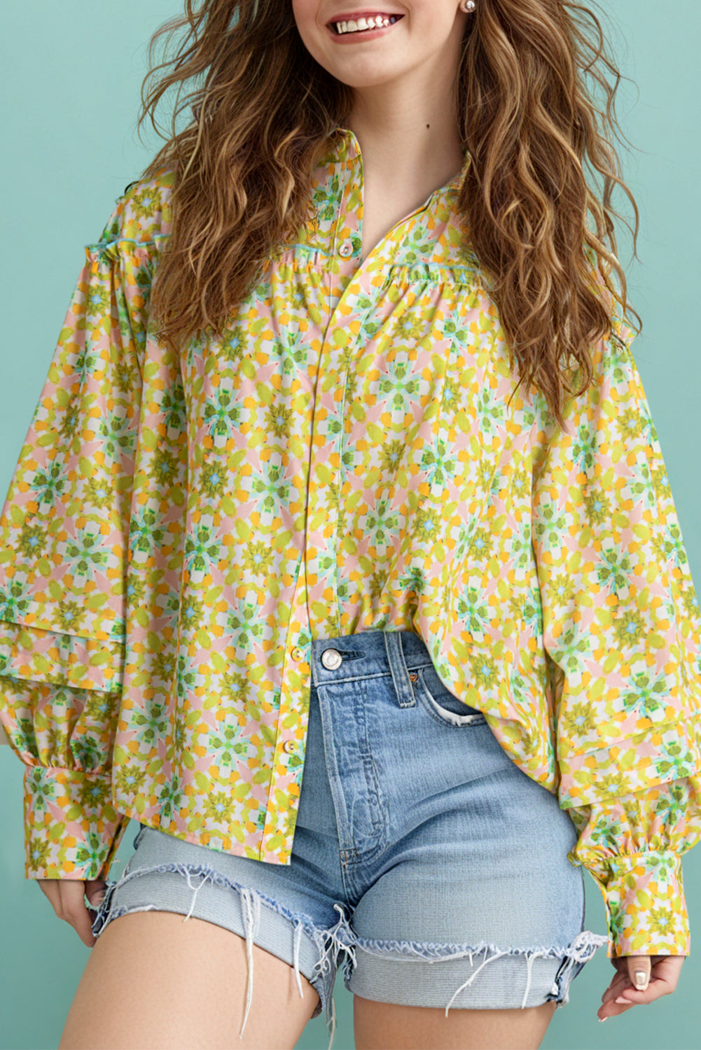 Green Boho Floral Print Frilly Detail Puff Sleeve Shirt eAura