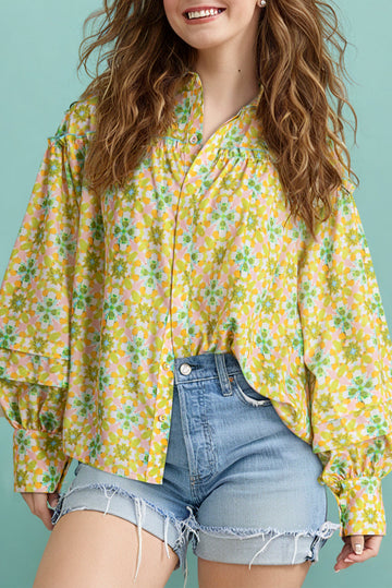 Green Boho Floral Print Frilly Detail Puff Sleeve Shirt eAura