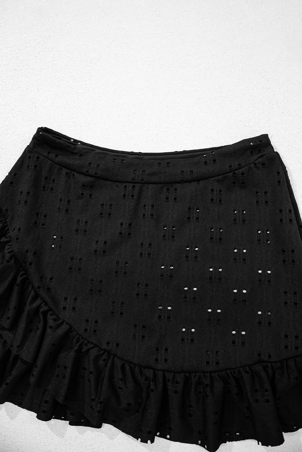 Black Eyelet Pattern Knotted Ruffle Trim 3pcs Bikini Set eAura