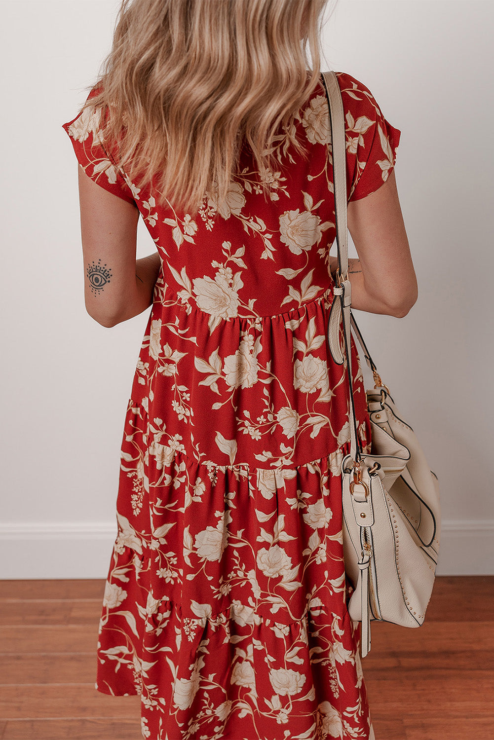 Red Floral Print Buttoned Front V Neck Tiered Short Sleeve Maxi Dress eAura