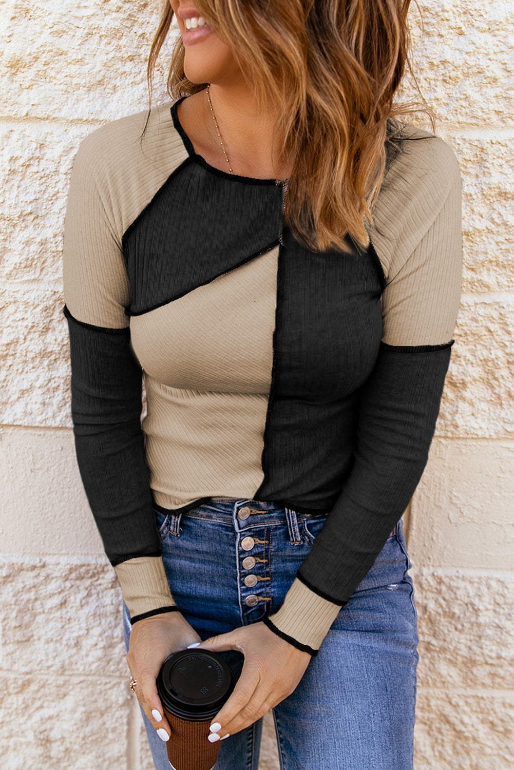 Irregular Colour Block Seaming Trim Rib Knit Top - eAura