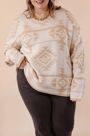 Apricot Plus Size Western Aztec Print Loose Sweater Beagle Boutique Fashion Outlet
