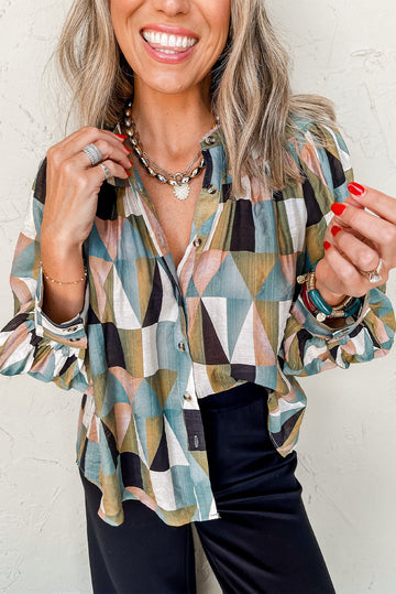 Green Geometric Print Buttoned Balloon Sleeve Loose Fit Shirt BB Fashion Outlet