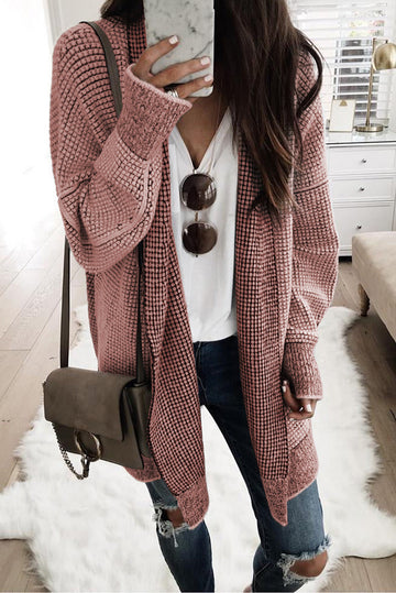 Rose Plaid Knitted Long Open Front Cardigan BB Fashion Outlet