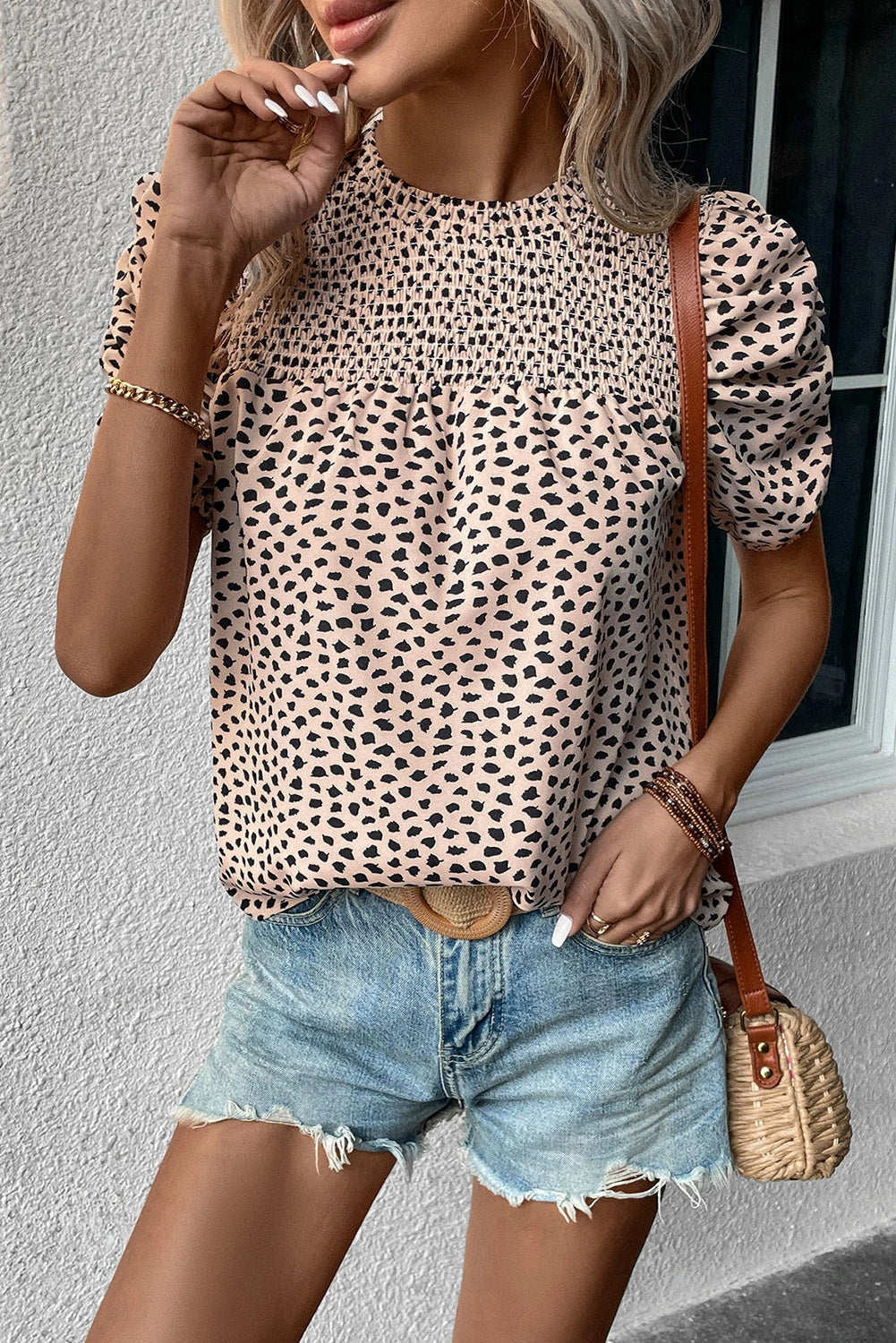 Khaki Leopard Shirred Round Neck Puff Sleeve Blouse eAura