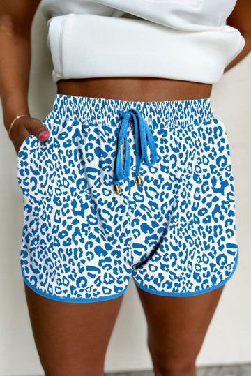 Blue Leopard Elastic Waist Lace up Contrast Trim Casual Shorts eAura