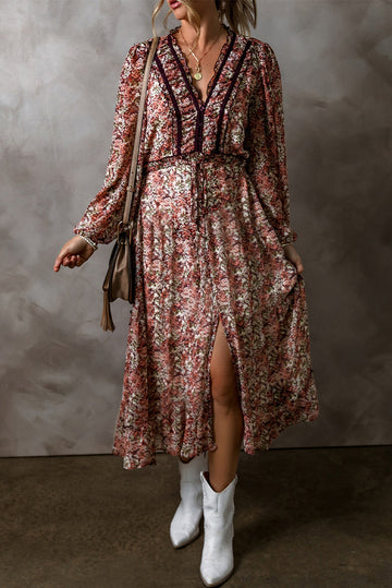 Brown Floral Print Split Front Tiered Frilled V Neck Midi Dress eAura