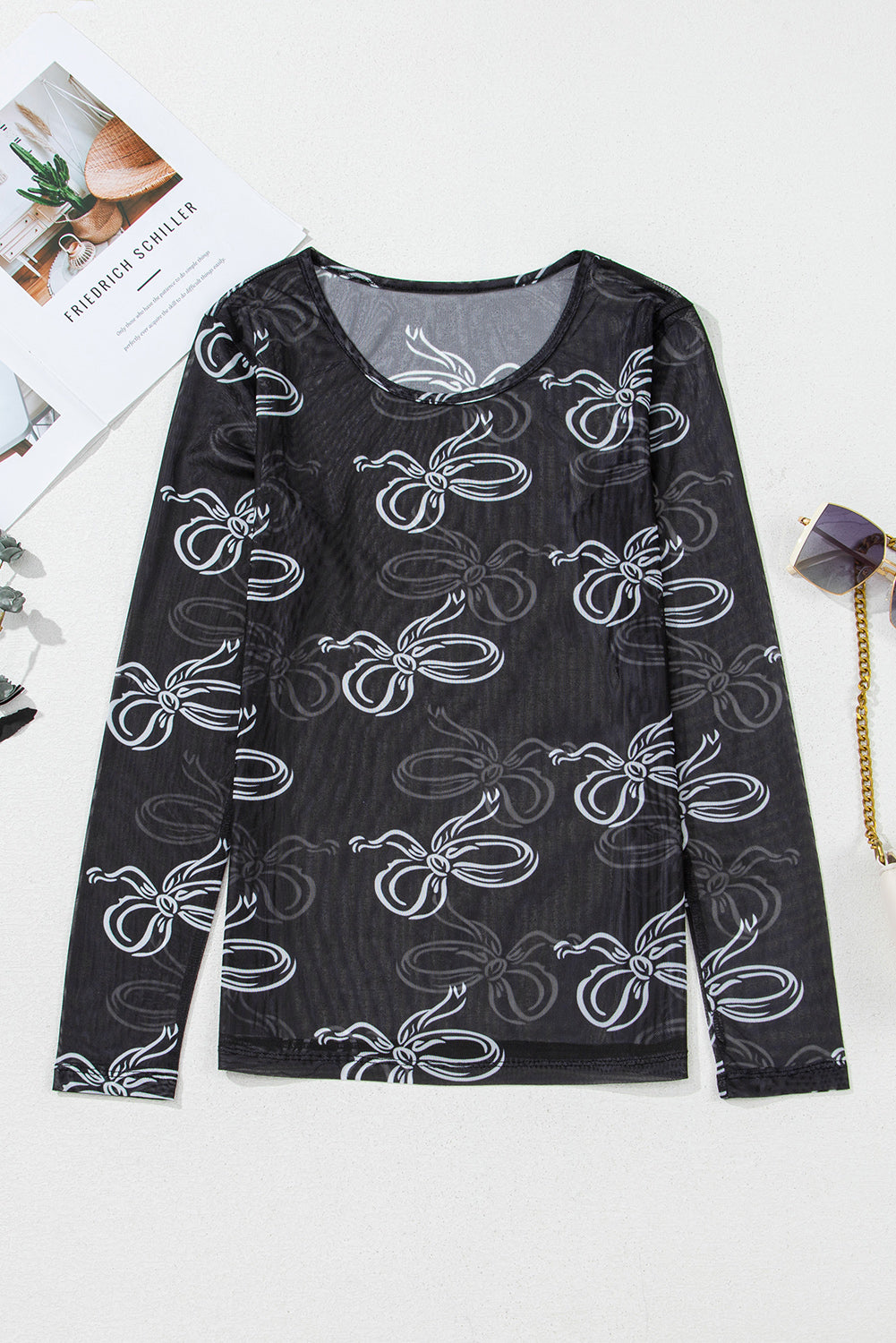 Black Round Neck Bow Print Long Sleeve Mesh Top eAura