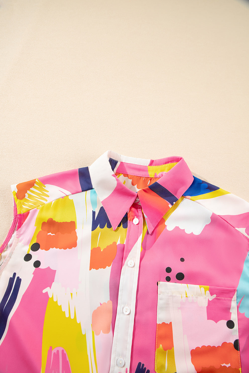 Multicolour Abstract Print Collared Cap Sleeve Casual Shirt eAura