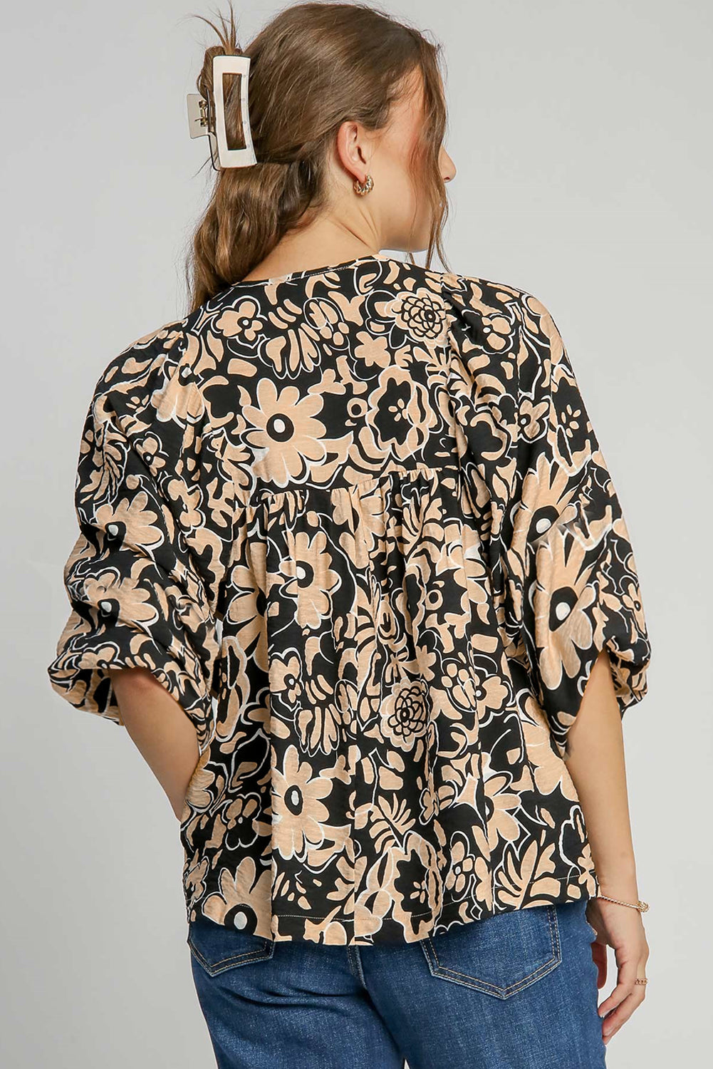 Black Floral Shirred Yoke Bracelet Sleeve Split Neck Boho Blouse eAura