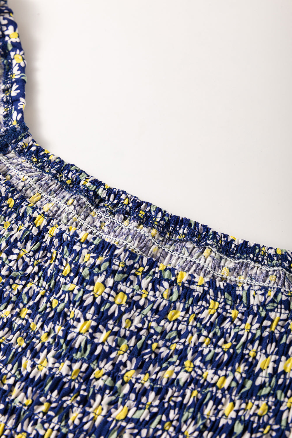 Blue Boho Floral Print Smocked Square Neck Loose Fit Blouse eAura
