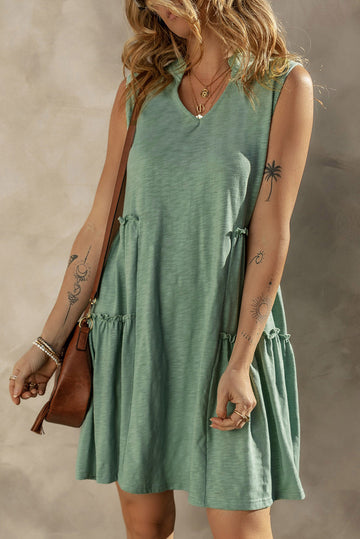 Moonlight Jade Split V Neck Tiered Flowy Sleeveless Dress BB Fashion Outlet