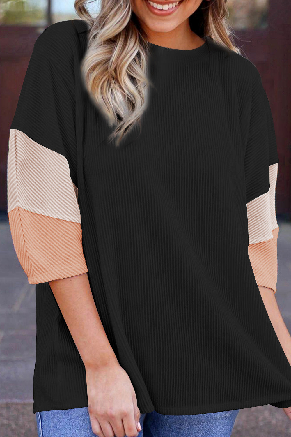 Light Pink Colour Block Ribbed Knit Quarter Sleeve Top eAura