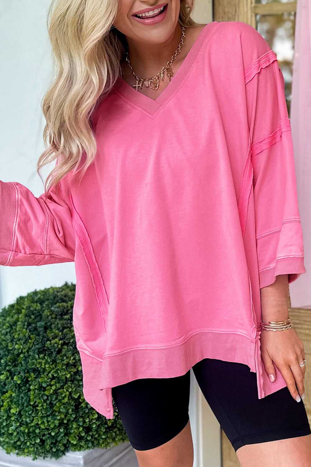 Bonbon Bracelet Sleeve Mineral Washed V Neck T Shirt eAura