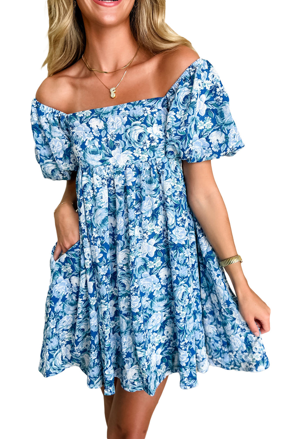 Blue Floral Puff Sleeve Babydoll Mini Dress eAura