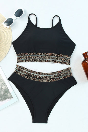 Black Rose Leopard Mesh Trim 2pcs Bikini Swimsuit eAura