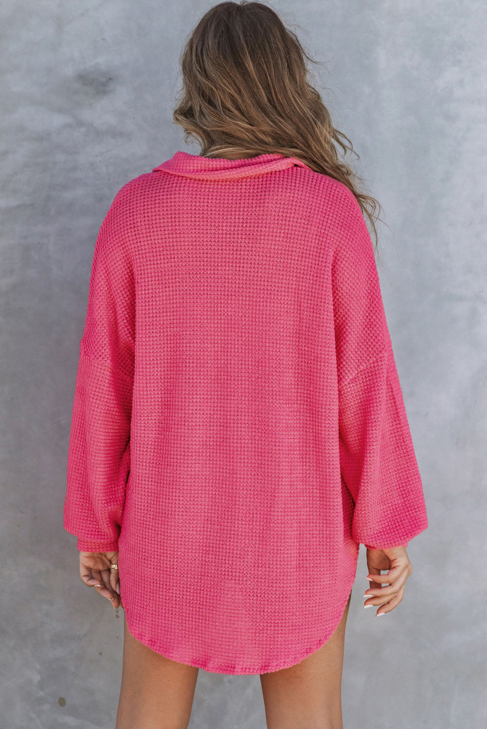 Pink Waffle Knit Button Up Casual Shirt eAura
