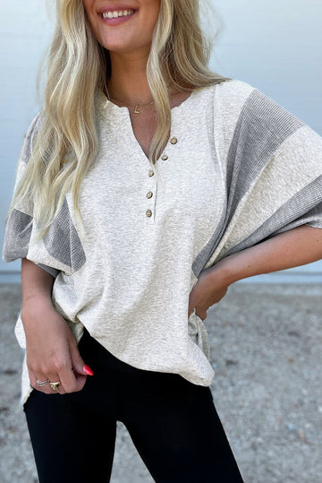 Light Grey Two Tone Contrast Waffle Knit Patched Buttoned V Neck Top eAura