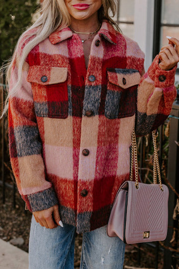 Orange Plaid Print Flap Pockets Buttoned Casual Plus Size Jacket BB Fashion Outlet