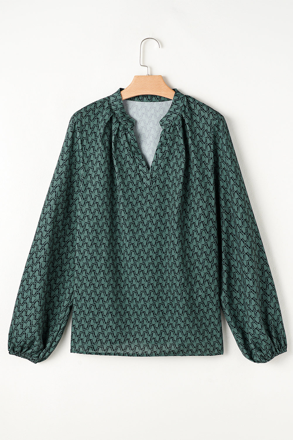 Green Geometric Print Notched Neck Puff Sleeve Blouse eAura