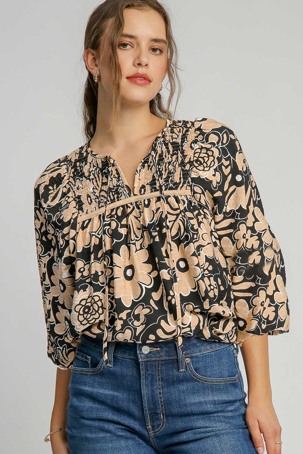 Black Floral Shirred Yoke Bracelet Sleeve Split Neck Boho Blouse eAura