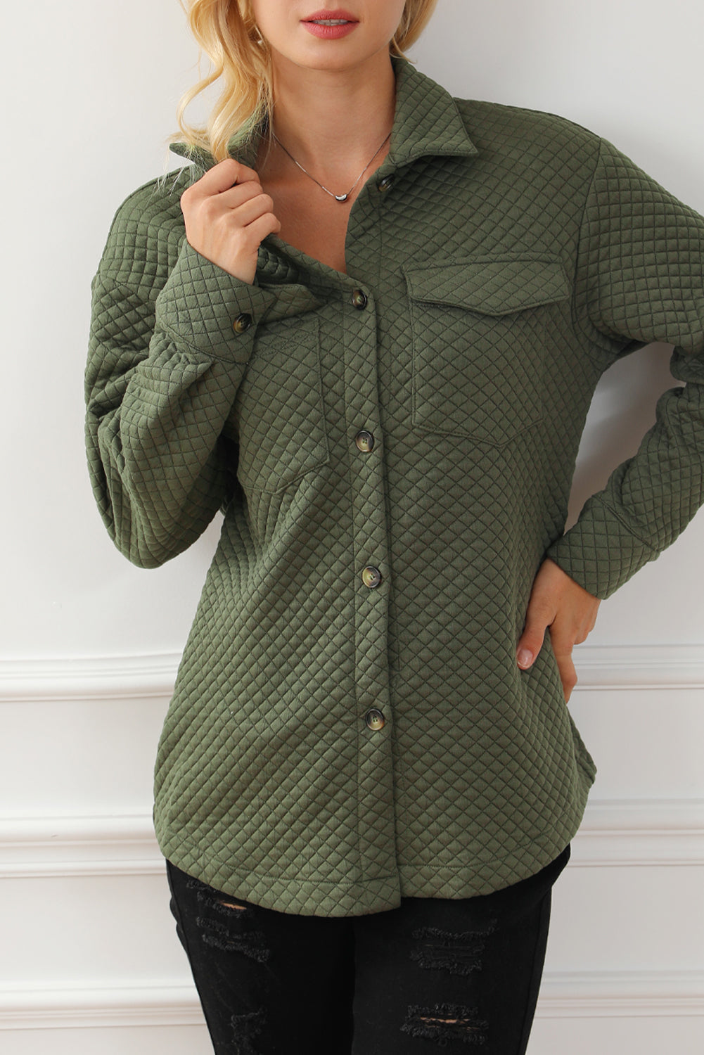 Green Retro Quilted Flap Pocket Button Shacket eAura