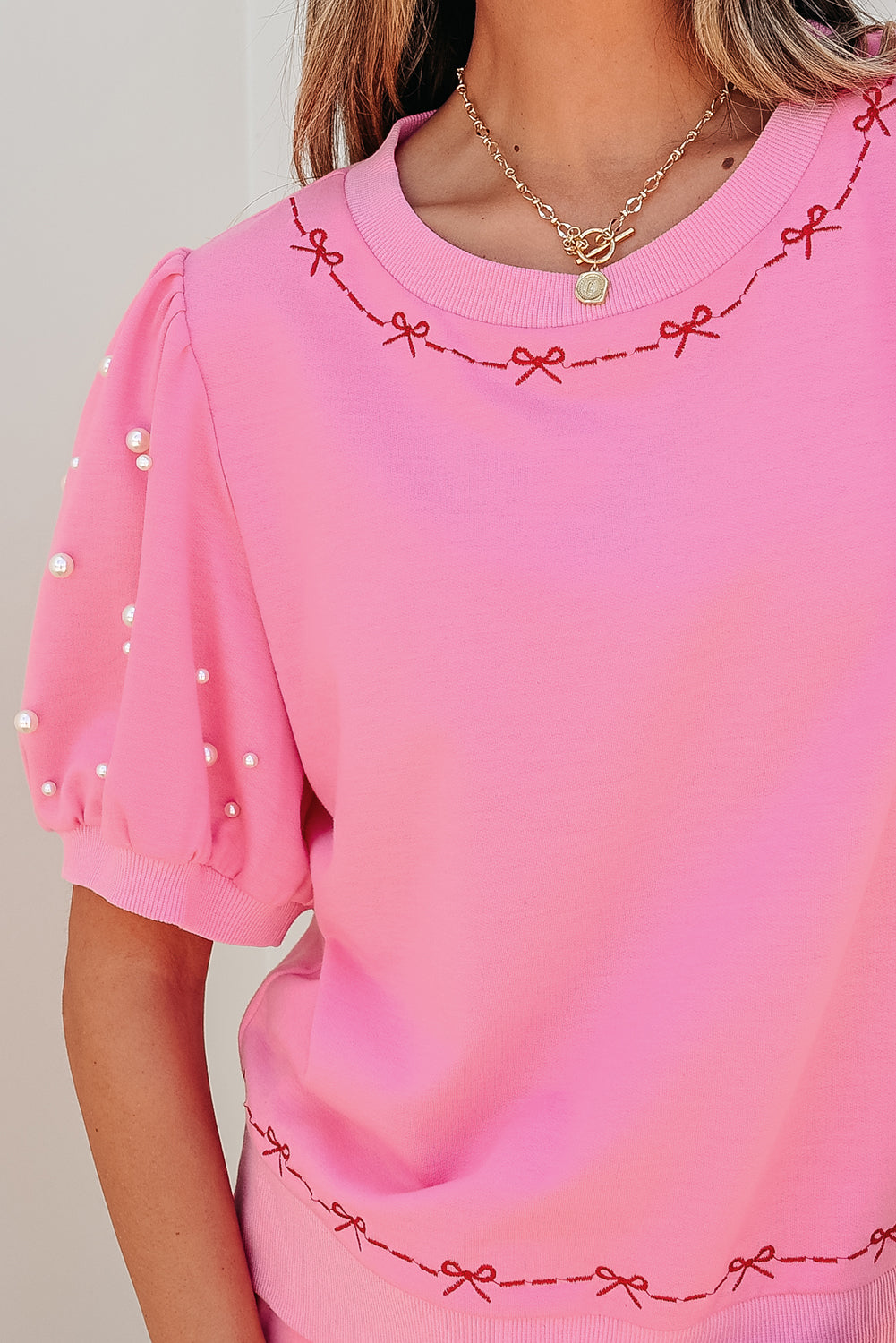 Pink Contrast Bow Trim Pearl Puff Sleeve Top and Skort Co-ord eAura