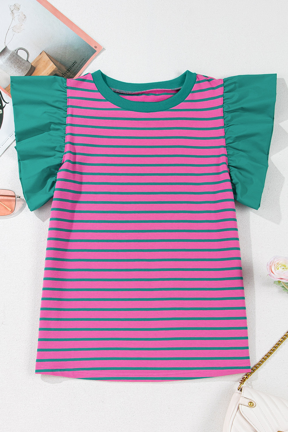 Pink Stripe Colourblock Ruffled Sleeve Crew Neck Blouse eAura