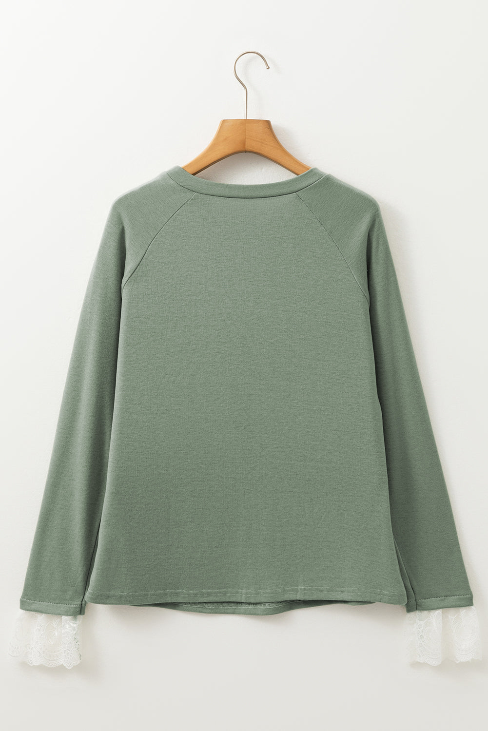Grass Green Seam Detail Lace Contrast Cuffs Raglan Sleeve Top eAura