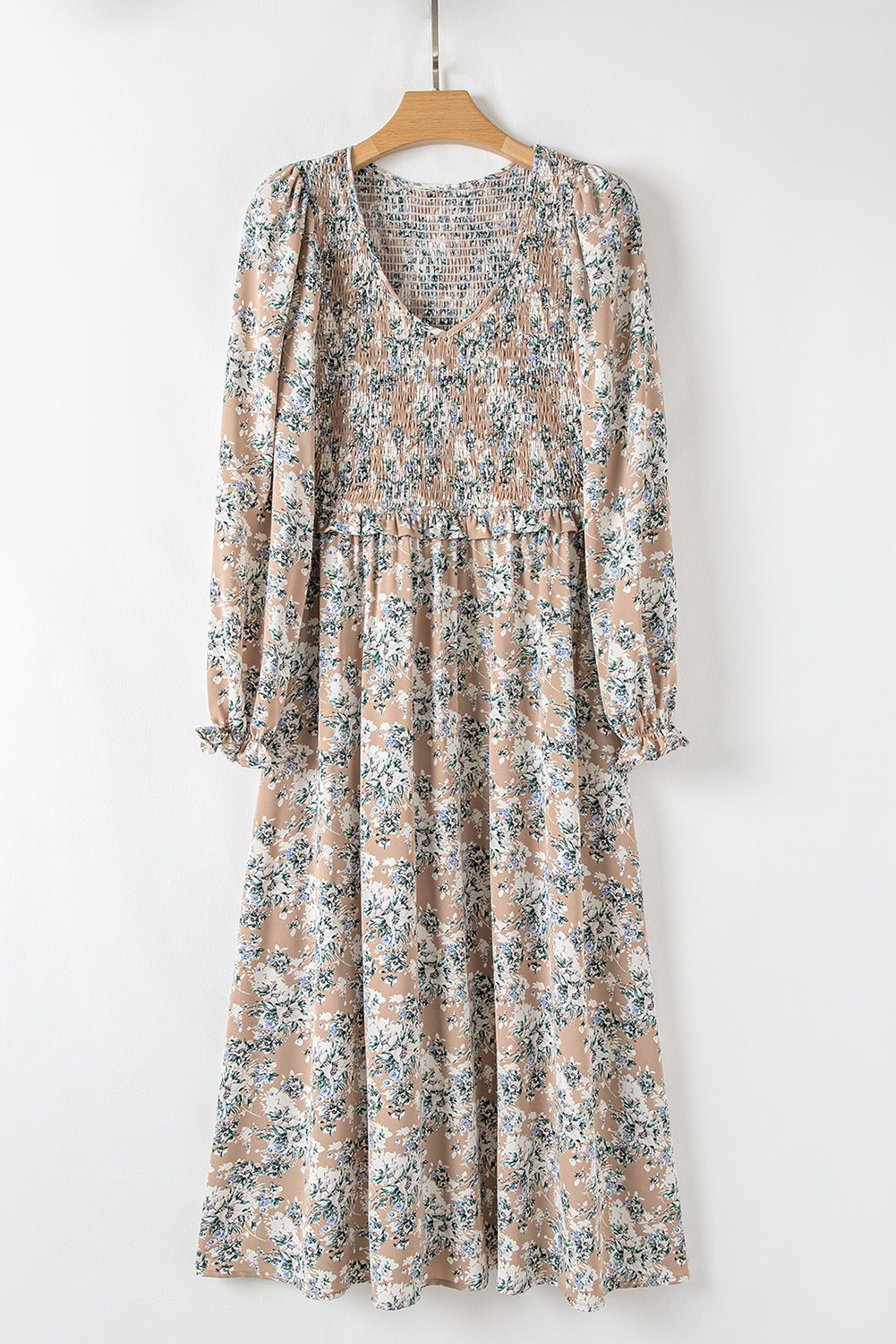 Khaki Maple Grove Floral Smocked Puff Sleeve Long Dress eAura