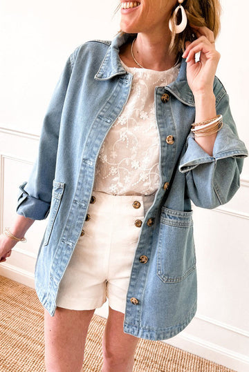 Dusk Blue Slit Buttons Pocketed Denim Jacket eAura